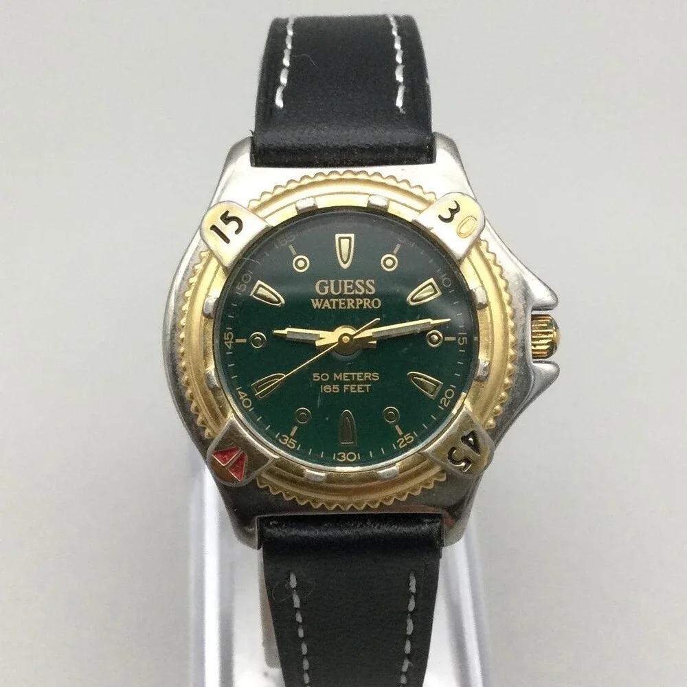 Vintage Guess Waterpro 1989 Womens Watch 30mm Green Dial Leather New Battery
